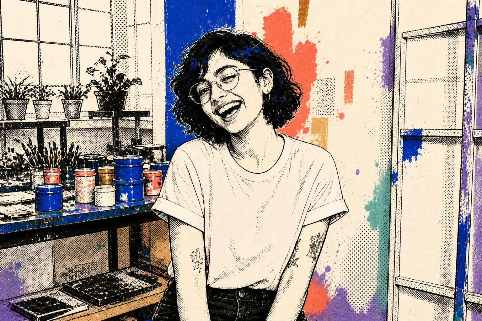 Solely ink and pigment illustration of the same portrait