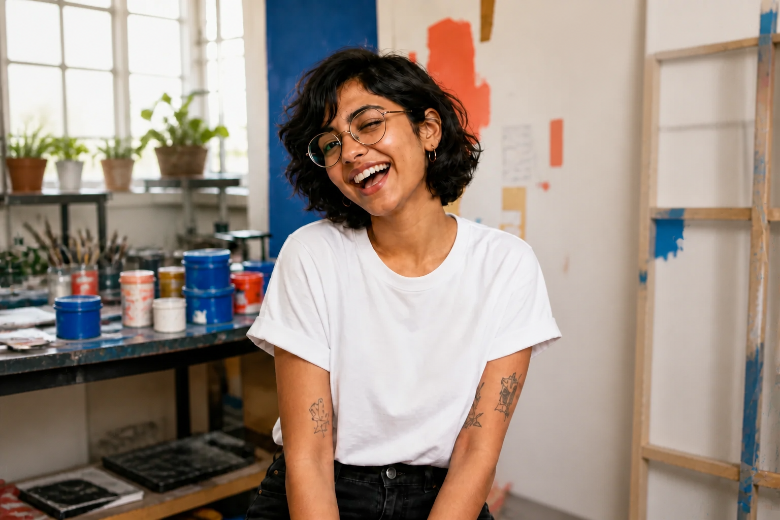 Original portrait photograph of a smiling woman in an artist studio