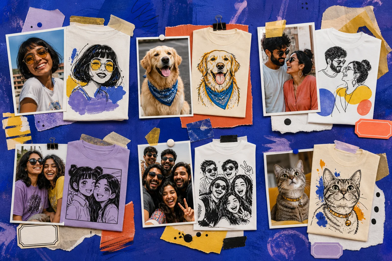 A studio scrapbook wall showing fictional customers, pets, their illustrated artwork, and printed T-shirts