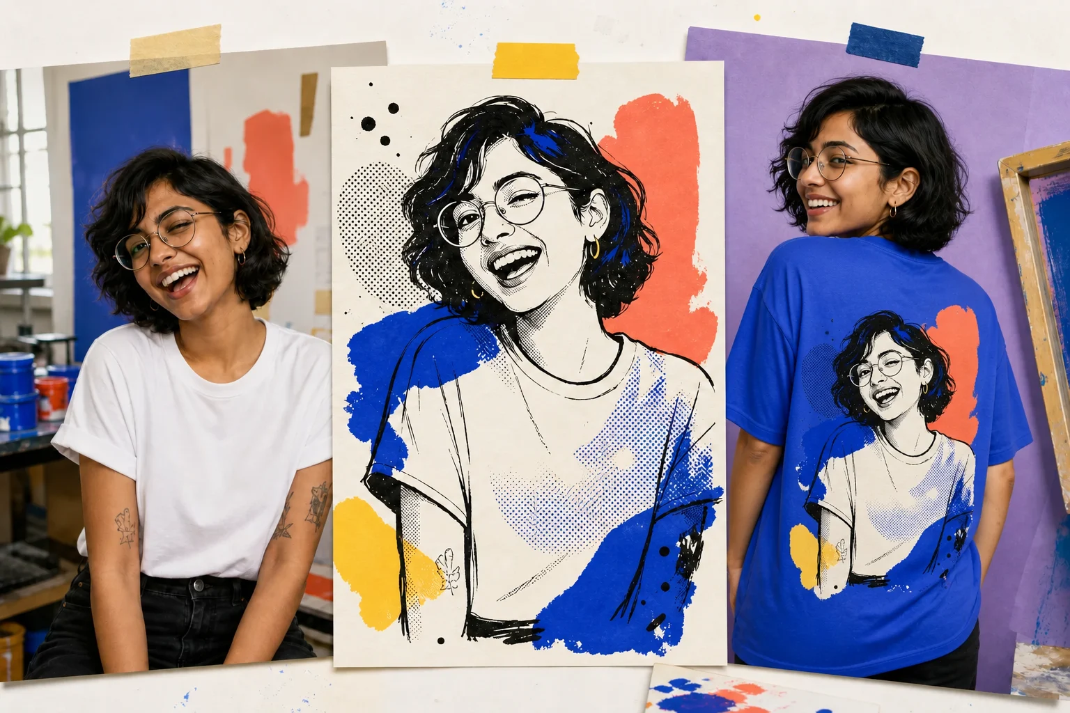 A real photograph transformed into a graphic illustration and then printed on the back of a blue T-shirt